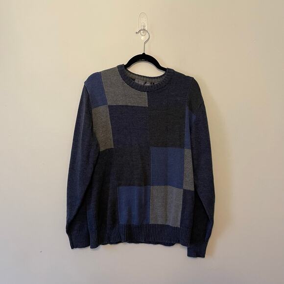 Oscar de La Renta L pullover sweater men colorblock geometric blue gray classic